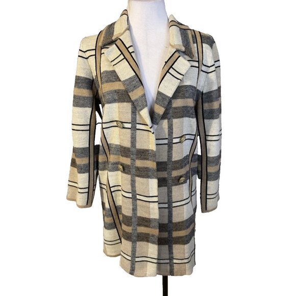 Anne Klein Sweater Jacket Coat M Plaid Camel Cream Black Washable - Picture 1 of 15